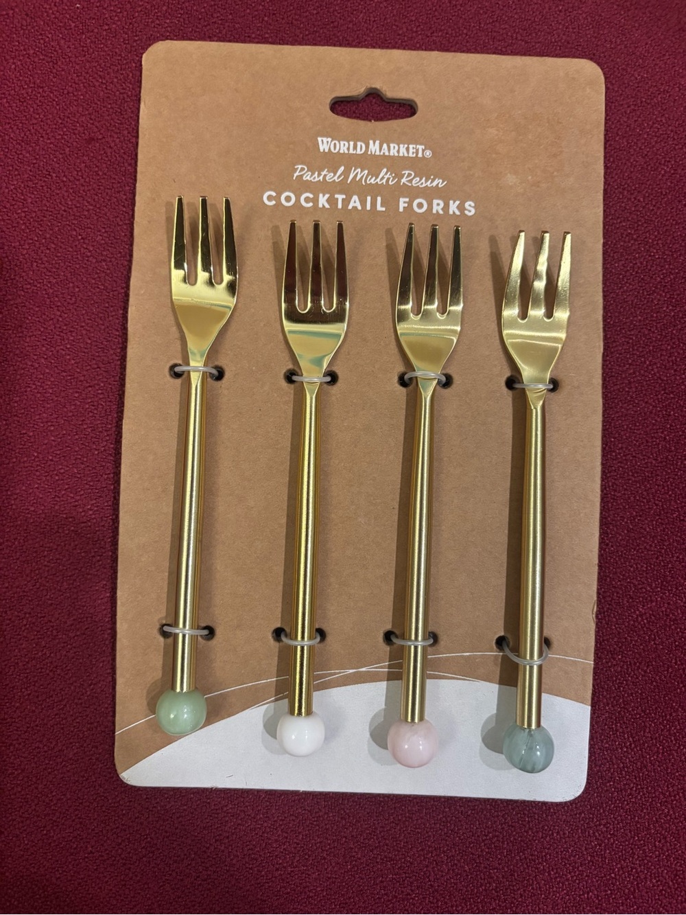 Set of 4 Cocktail Gold Tone Forks w/ Resin Pastel Handles  Stainless Steel  NWT!
